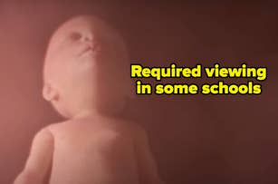 A doll is seen from below with text overlaying the image: "Required viewing in some schools."