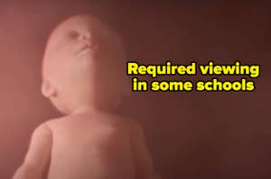 A doll is seen from below with text overlaying the image: "Required viewing in some schools."