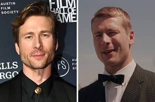 Glen Powell on the left in a black suit at Austin Film Society event; Glen Powell on the right in a scene wearing a formal suit with a bowtie