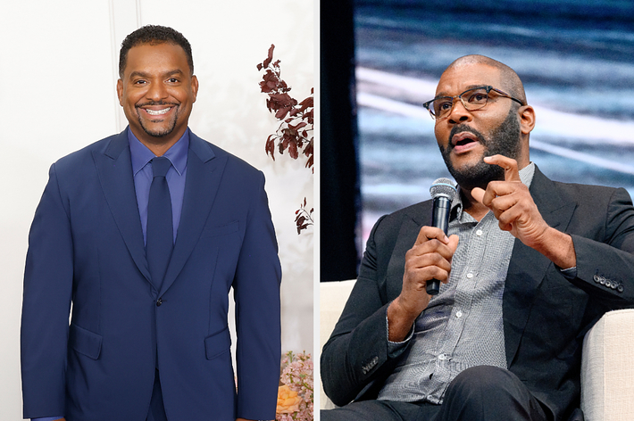 Alfonso Ribeiro in a suit poses on the left; Tyler Perry speaks into a microphone on the right