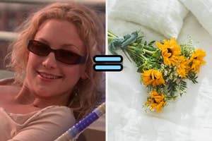 Kate Hudson in sunglasses on the left is compared to sunflowers on a white bedspread on the right