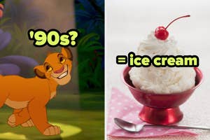 Simba from The Lion King alongside a bowl of ice cream with a cherry on top. Text: '90s? = ice cream