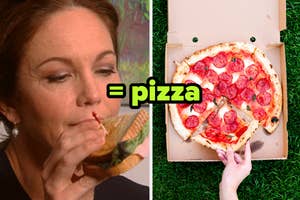 Diane Lane eating a sandwich on the left. On the right, a hand holds a pizza slice from a box. Text overlay reads "= pizza"