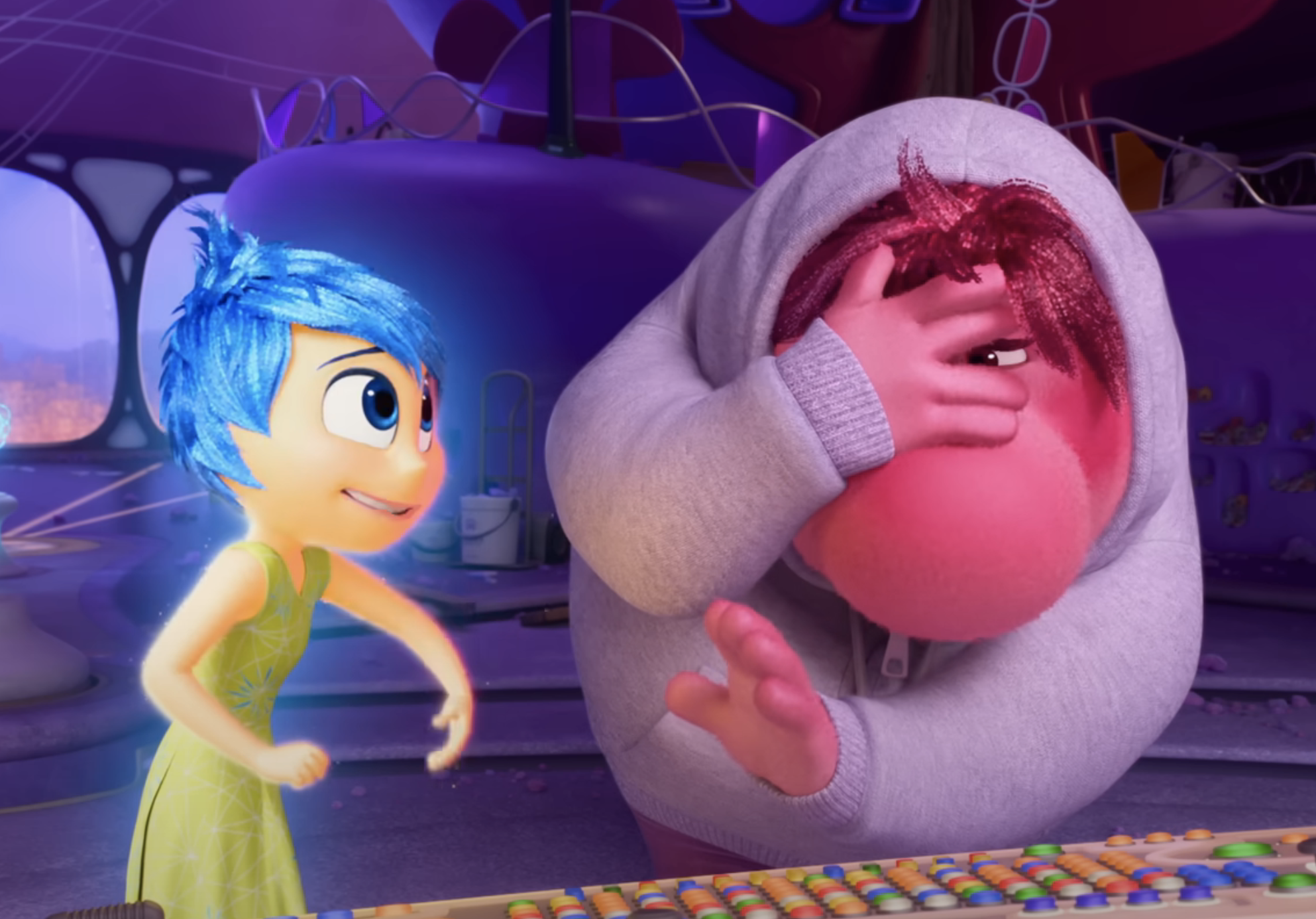 Joy talking to Embarrassment in Inside Out 2