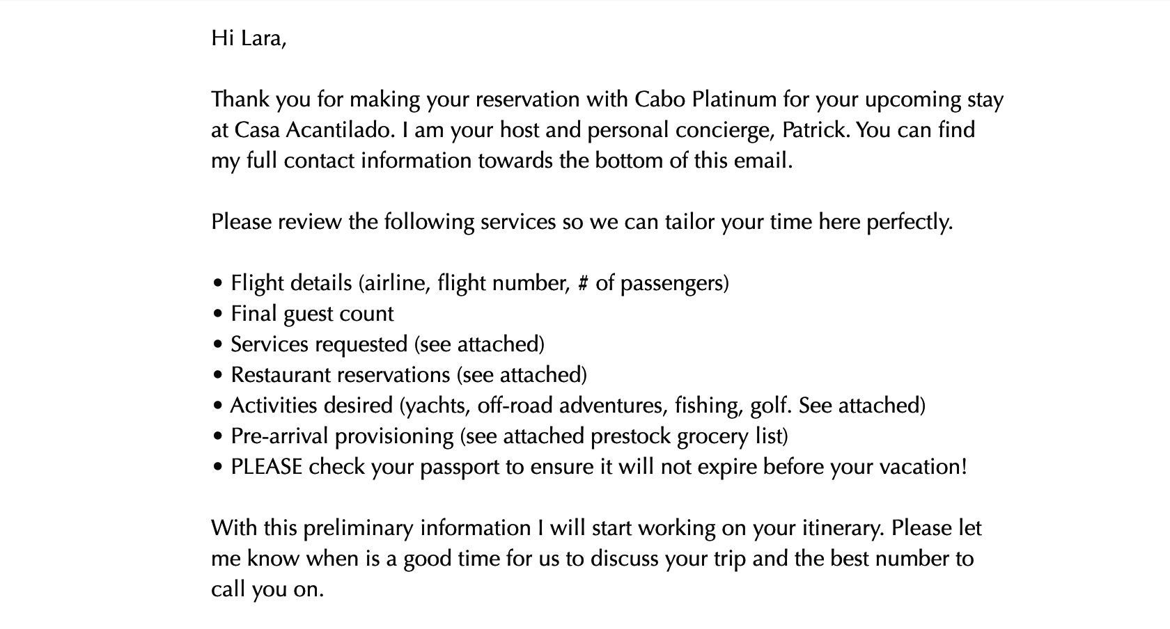 Email confirmation from Cabo Platinum's host and concierge Patrick for an upcoming Casa Acantilado trip. Lists flight details, guest count, services, and travel advice