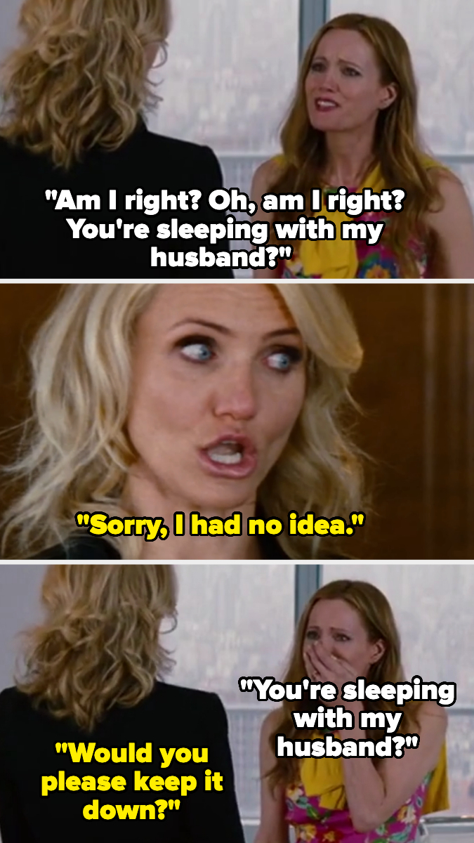 Leslie Mann accusing Cameron Diaz of sleeping with her husband in a movie scene from &quot;The Other Woman,&quot; with humorous dialogue exchanges