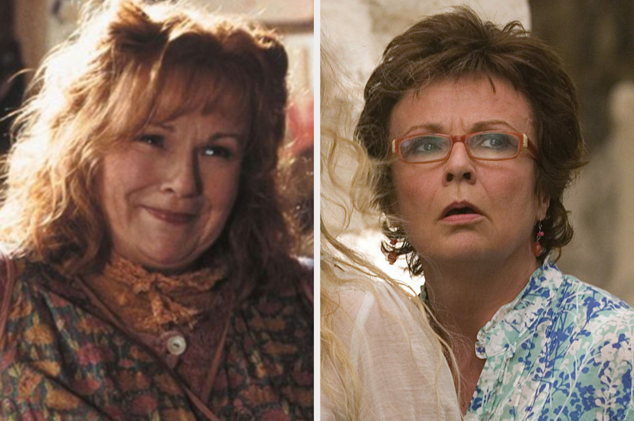 Left: Julie Walters as Molly Weasley in "Harry Potter." Right: Julie Walters as Rosie in "Mamma Mia!"