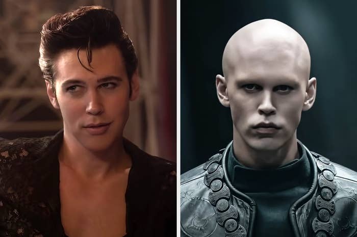 Austin Butler and Bill Skarsgård, side by side, with Austin Butler in a vintage-style outfit and Bill Skarsgård in futuristic armor