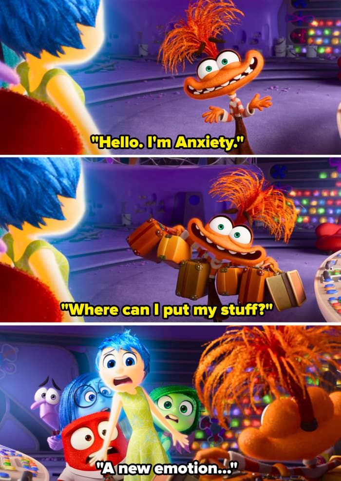 Joy, Sadness, Fear, Disgust, and Anger from Inside Out 2 meet Anxiety, who shows up with suitcases in these three-panel images
