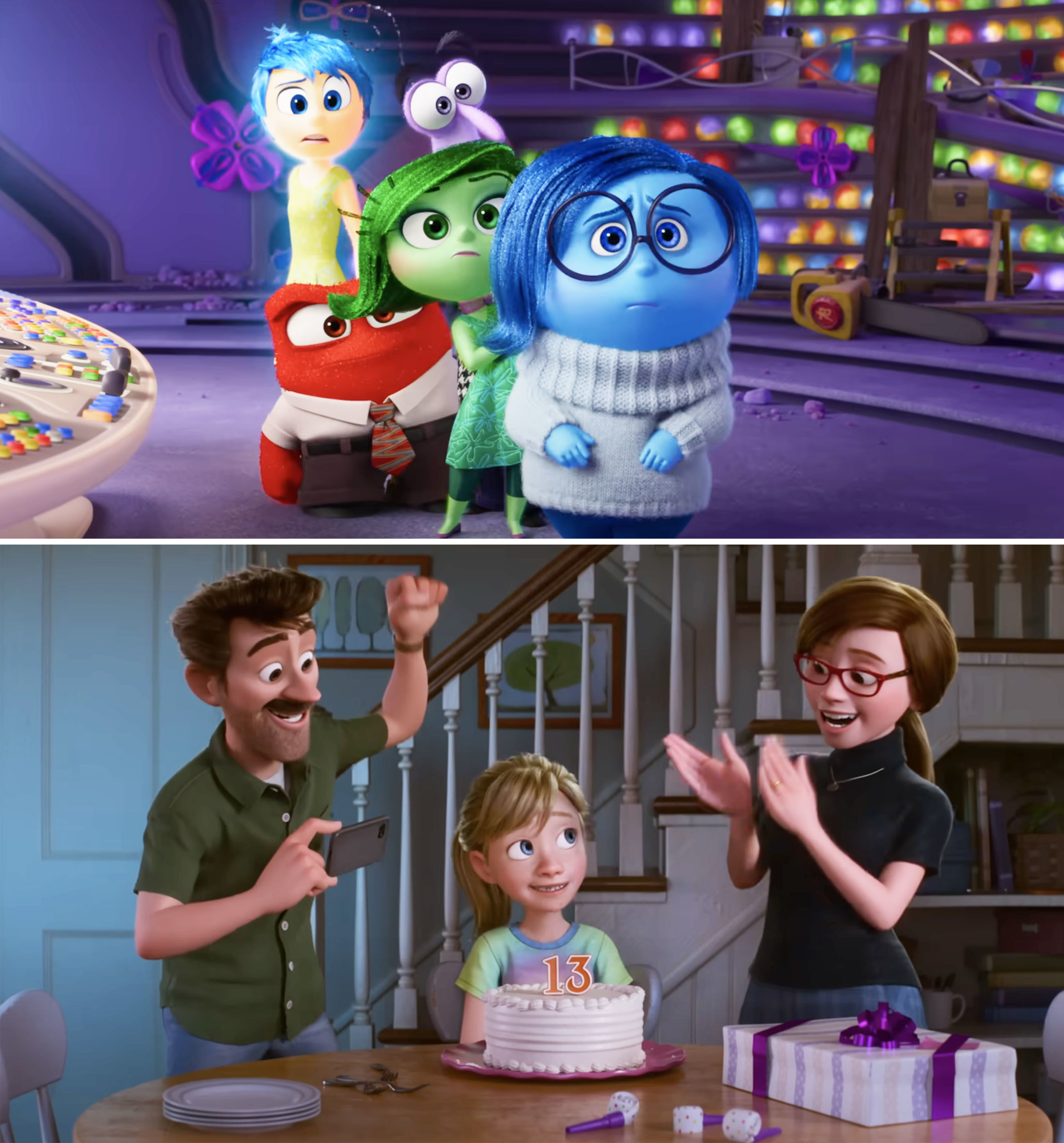 &quot;Inside Out&quot; characters Joy, Fear, Anger, Disgust, and Sadness in their control center (top). Riley celebrating her 13th birthday with her parents (bottom)