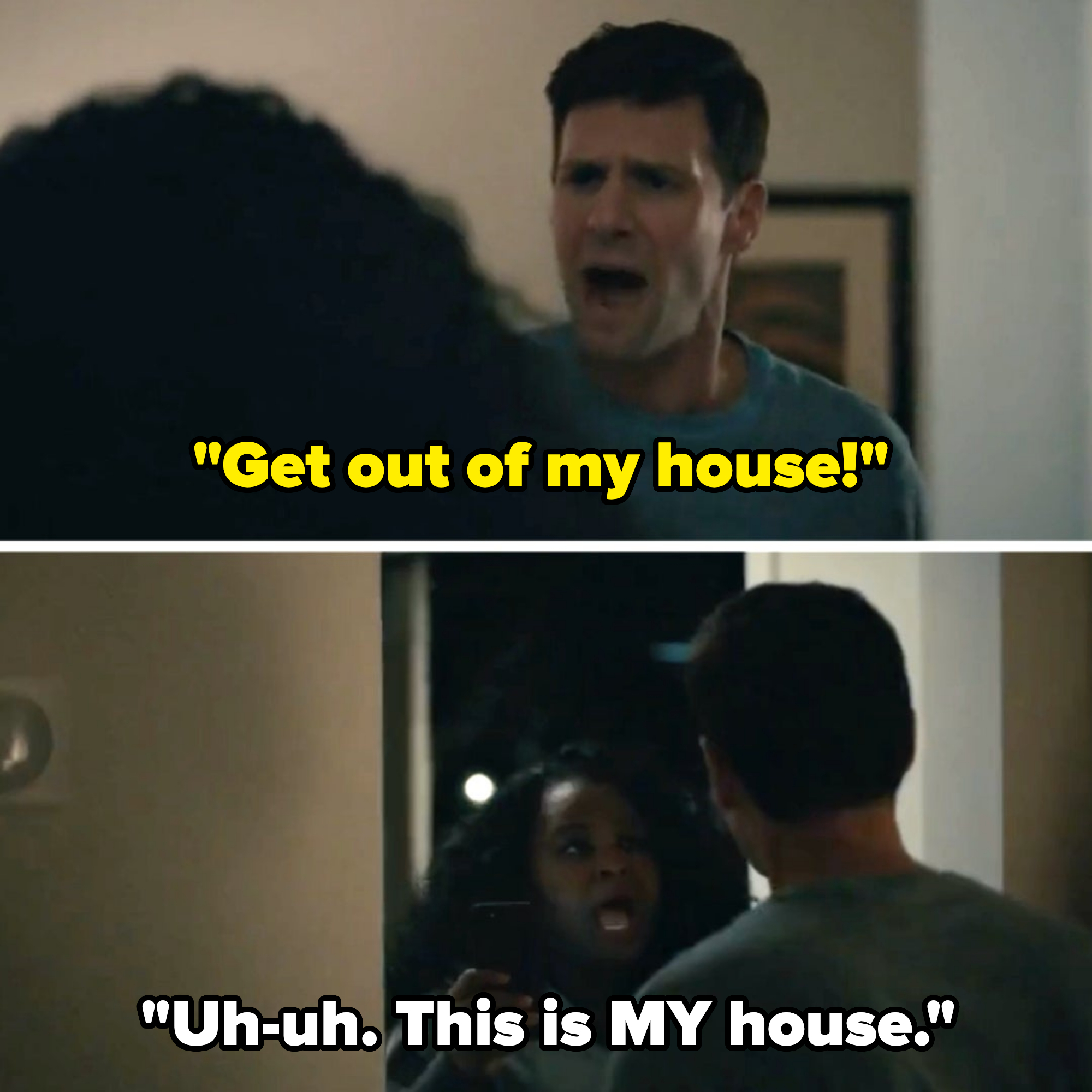 Top: Peter Hermann shouting in distress. Bottom: Oprah Winfrey holding a phone, confronting Peter Hermann