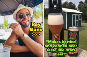 reviewer wearing Ray Bans and reviewer's beer dispenser