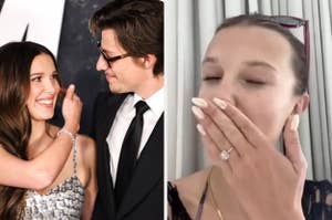 Millie Bobby Brown and Jake Bongiovi smile at each other on the red carpet vs Millie Bobby Brown shows off a ring while covering her mouth