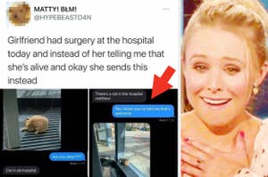 Tweet from HYPEBEASTD4N shows a cat in a hospital with text message exchange. Kristen Bell laughs joyfully