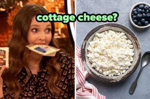 Drew Barrymore appears on the left with cheese in her mouth. On the right, a bowl of cottage cheese with a spoon and blueberries beside it. Text reads "cottage cheese?"