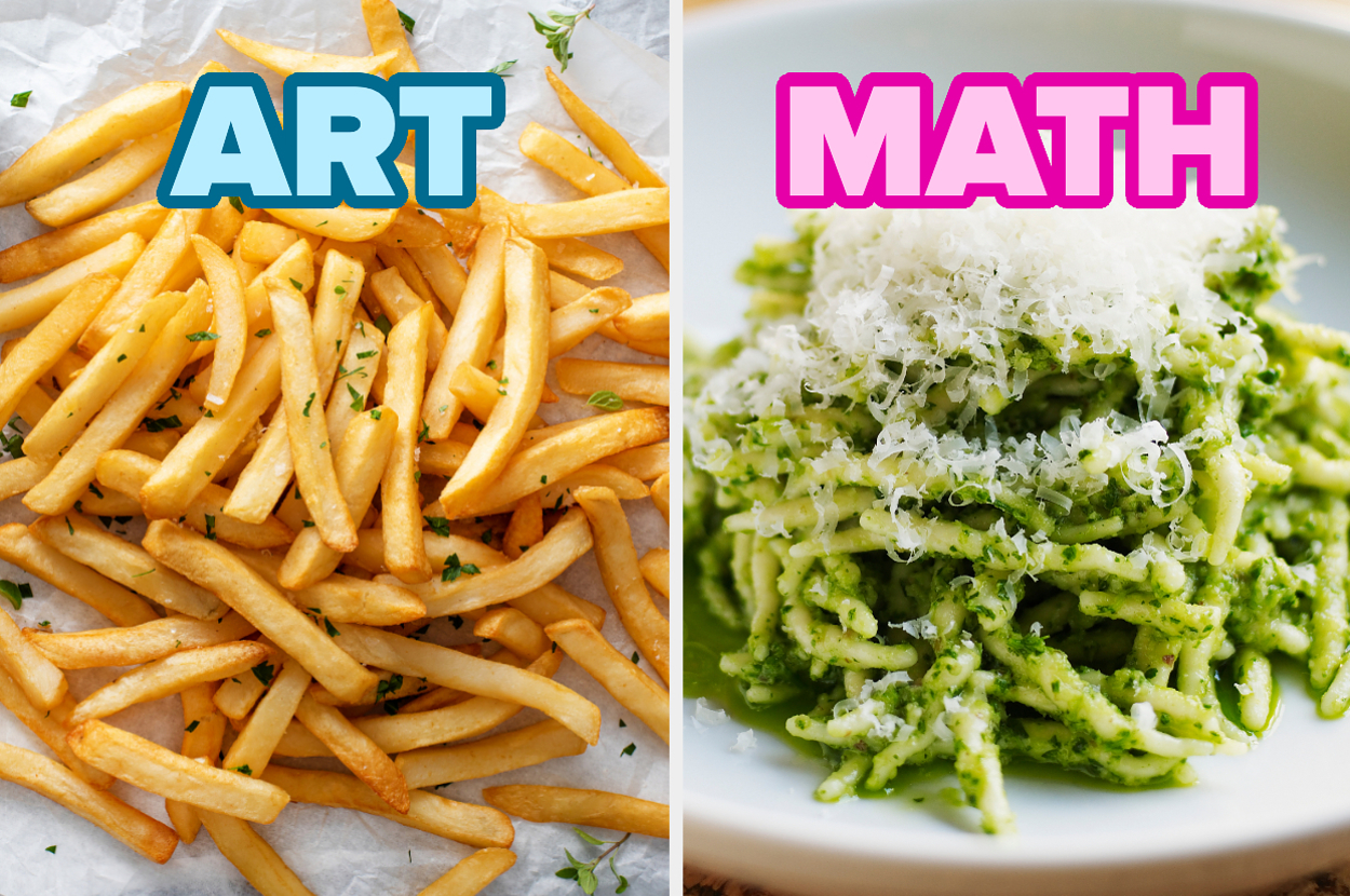 On the left, some fries labeled art, and on the right, some pesto pasta labeled math