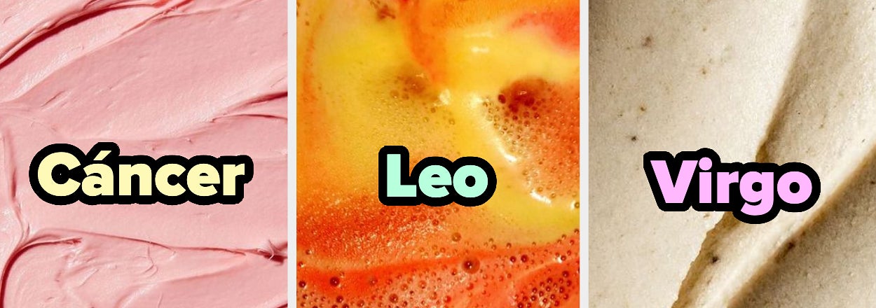 Imagen con las palabras "Cáncer", "Leo" y "Virgo" sobre texturas de crema