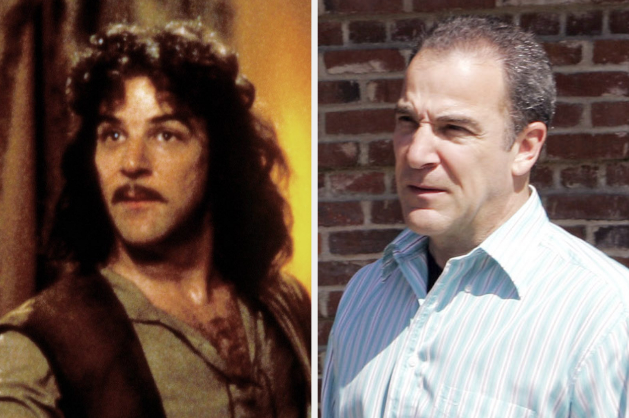 Side-by-side images showing Mandy Patinkin as Inigo Montoya in "The Princess Bride" (left) and a modern photo of Mandy Patinkin (right) in a casual shirt