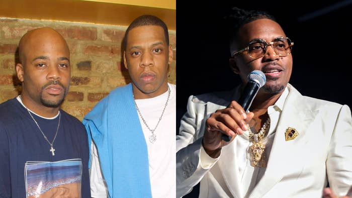 Damon Dash, Jay-Z, and Nas are pictured. Jay-Z wears a white T-shirt with a blue sweater over his shoulders. Nas speaks into a microphone wearing a white suit