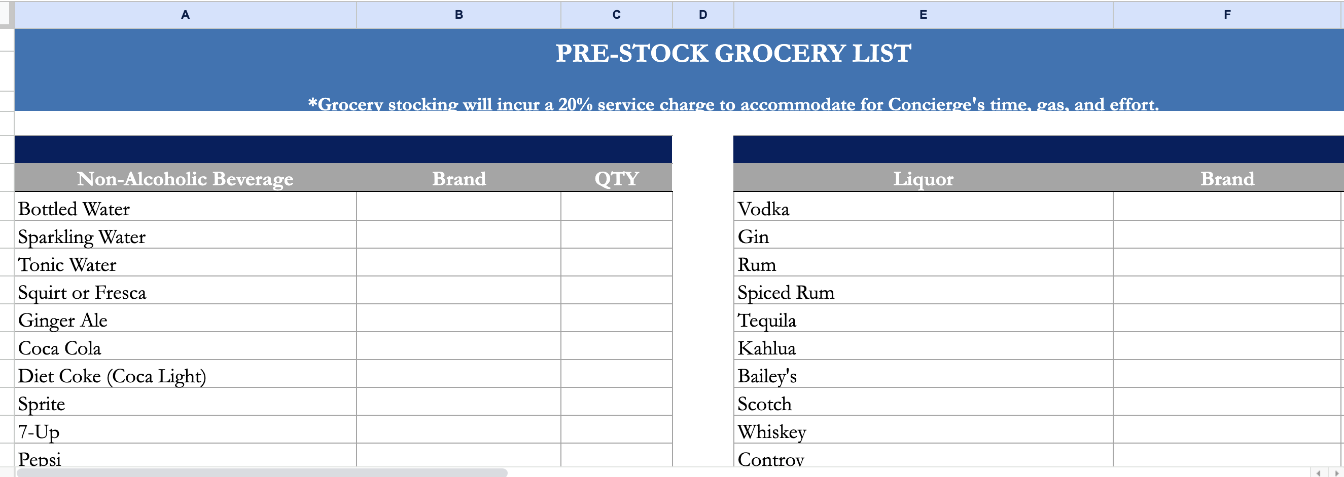 Pre-stock grocery list divided into Non-Alcoholic Beverages and Liquor categories with columns for item, brand, and quantity. Note mentions a 20% service charge