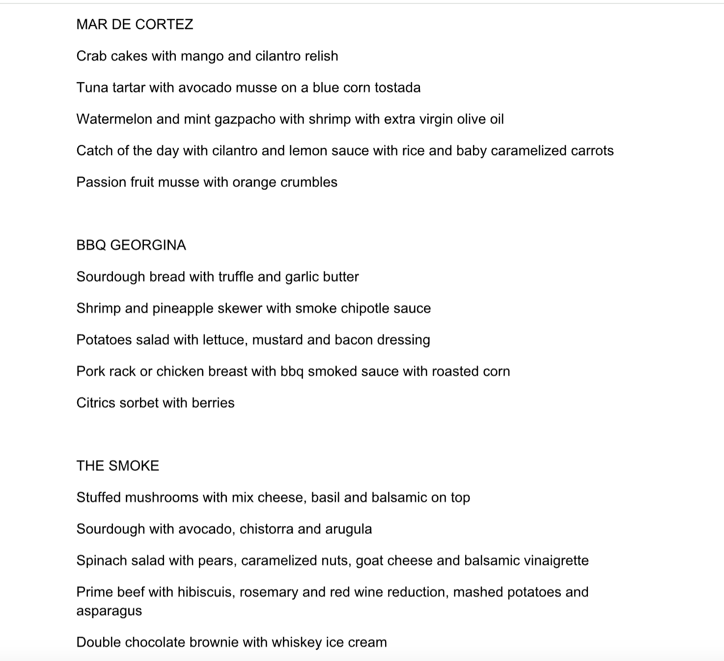 Menu items categorized: seafood-heavy "MAR DE CORTEZ," BBQ-focused "BBQ GEORGINA" with various dishes, and varied options under "THE SMOKE."