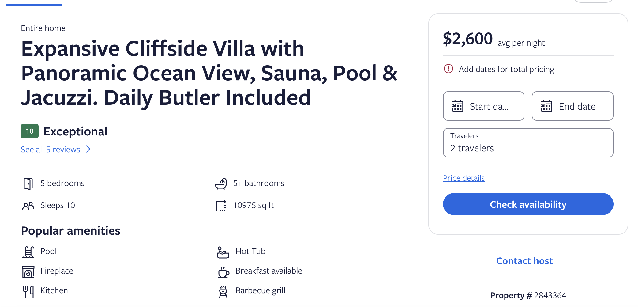 Expansive cliffside villa rental listing with ocean view, sauna, pool, jacuzzi, five bedrooms, five bathrooms, daily butler, and various amenities. Priced at $2,600/night