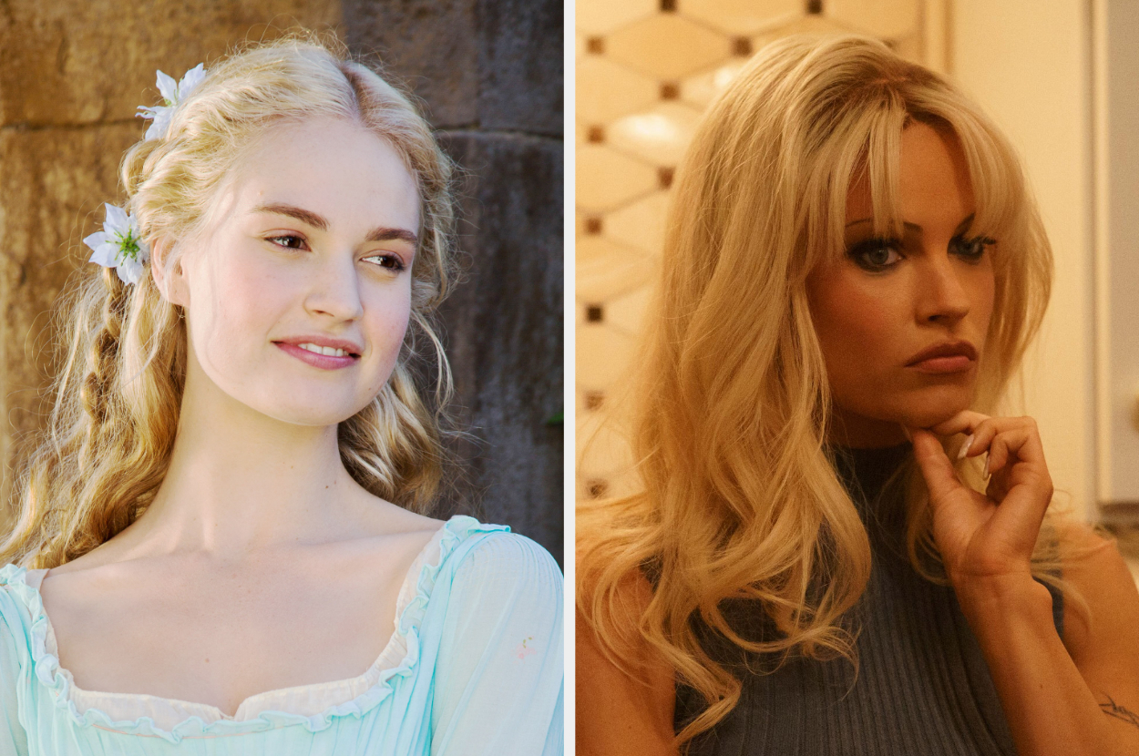 Lily James in a medieval-style gown with flowers in her hair and also in a modern setting, with a blonde wig, wearing a sleeveless top as Pamela Anderson