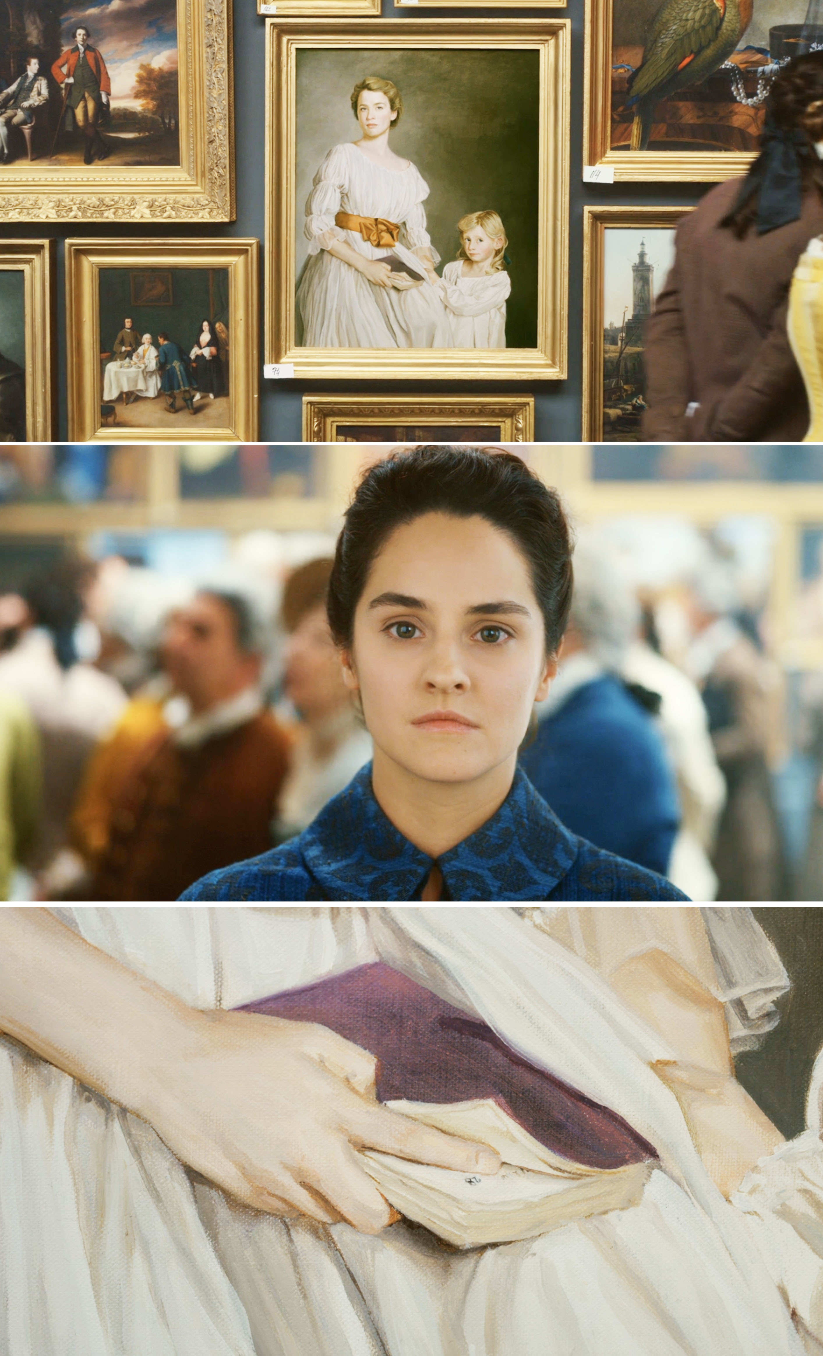 Painting gallery with portraits of women and children. Young girl in period clothing from the movie &quot;Orphan&quot; below large painting of woman holding a book