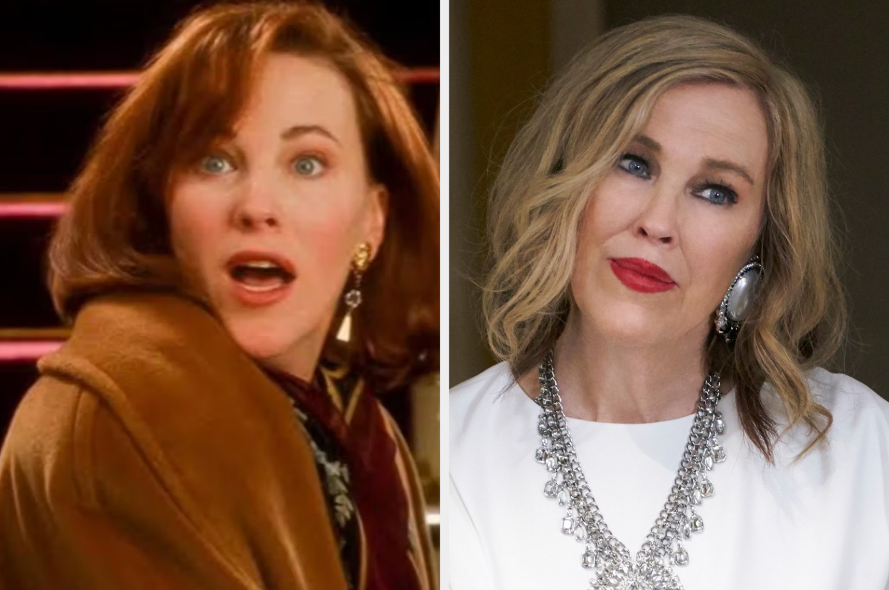 Catherine O'Hara in a split image. Left: as Kate in "Home Alone," surprised expression. Right: wearing a white outfit with a statement necklace, red lipstick, and wavy hair