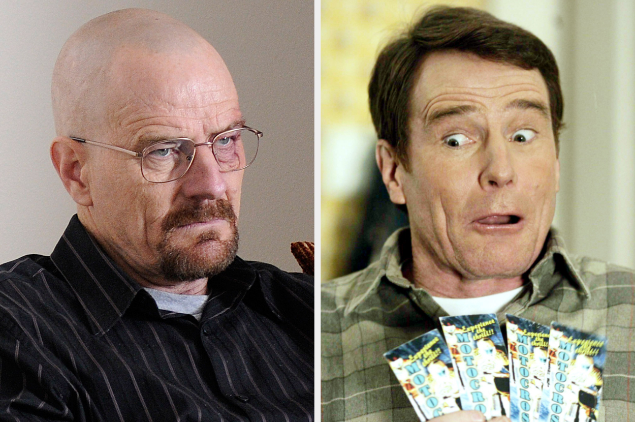 Two images of Bryan Cranston: Left, serious in a striped shirt as Walter White from "Breaking Bad." Right, surprised in a plaid shirt holding lottery cards from "Malcolm in the Middle."