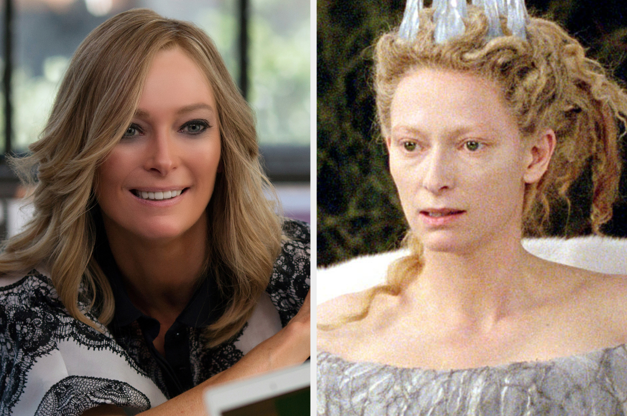 Tilda Swinton shown in two images: on the left in modern attire with loose blonde hair, on the right portraying Jadis the White Witch with a crown and frizzy hair