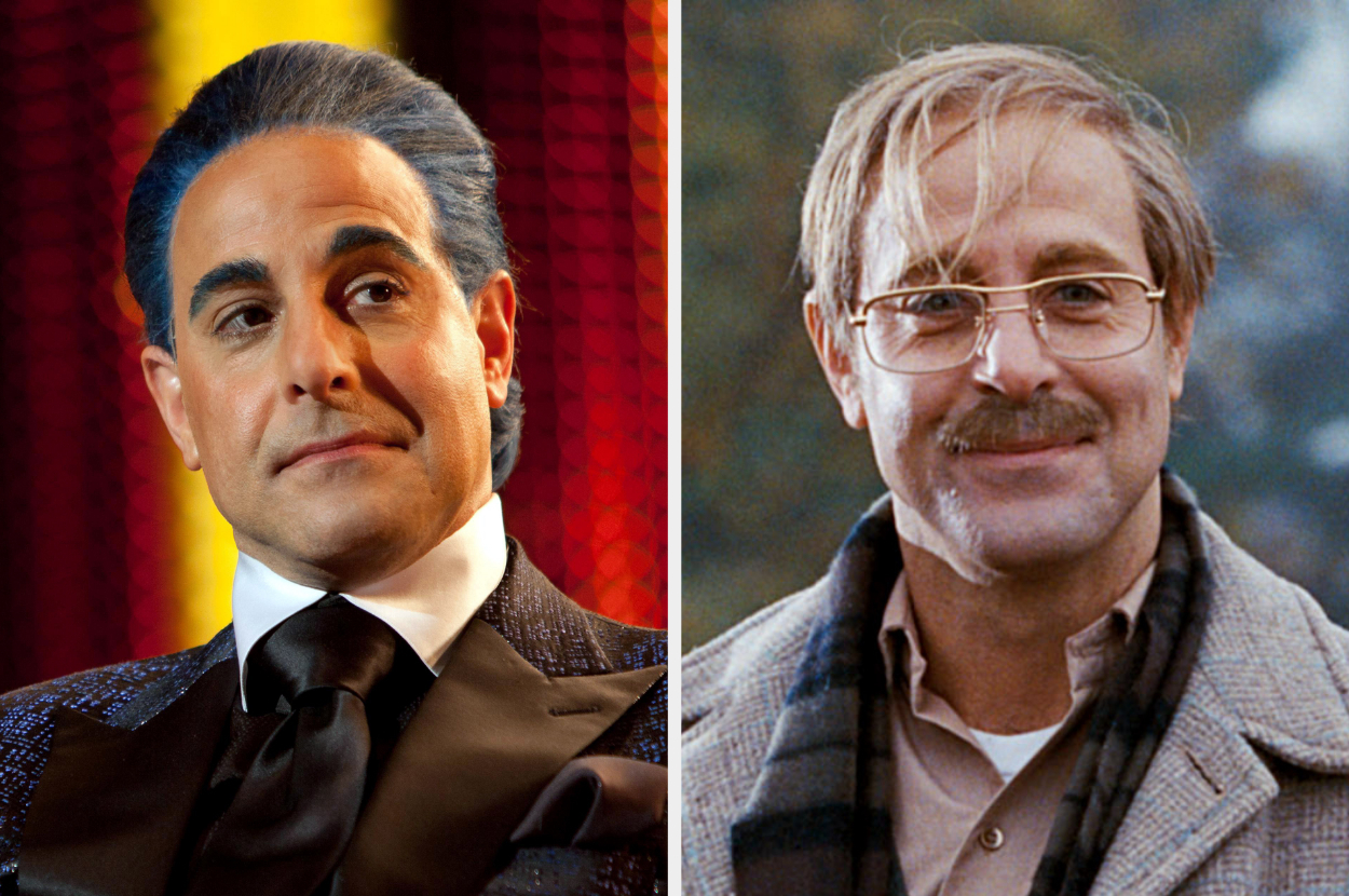 Stanley Tucci as Caesar Flickerman, looking serious in a suit and tie, and Stanley Tucci as George Harvey, wearing glasses and a sweater with a plaid scarf