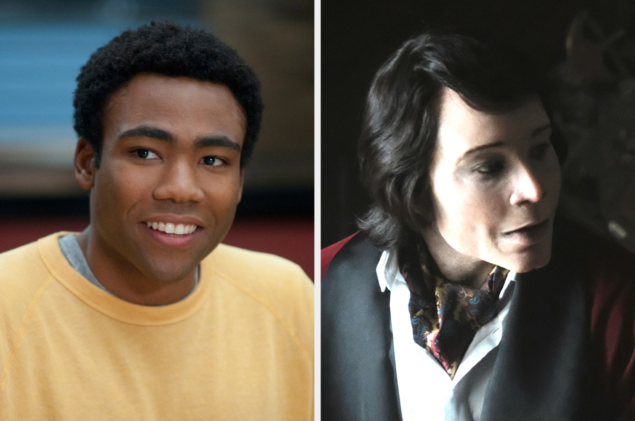 Donald Glover in casual clothing and Harry Styles as a period character in a costume with an ascot and jacket