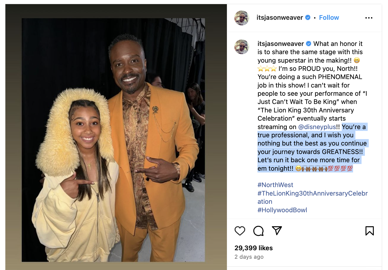 Jason Weaver and a young fan at an event; Jason is wearing a tan suit and the fan is dressed in a fuzzy jacket with animal ears. Post text celebrates their performance