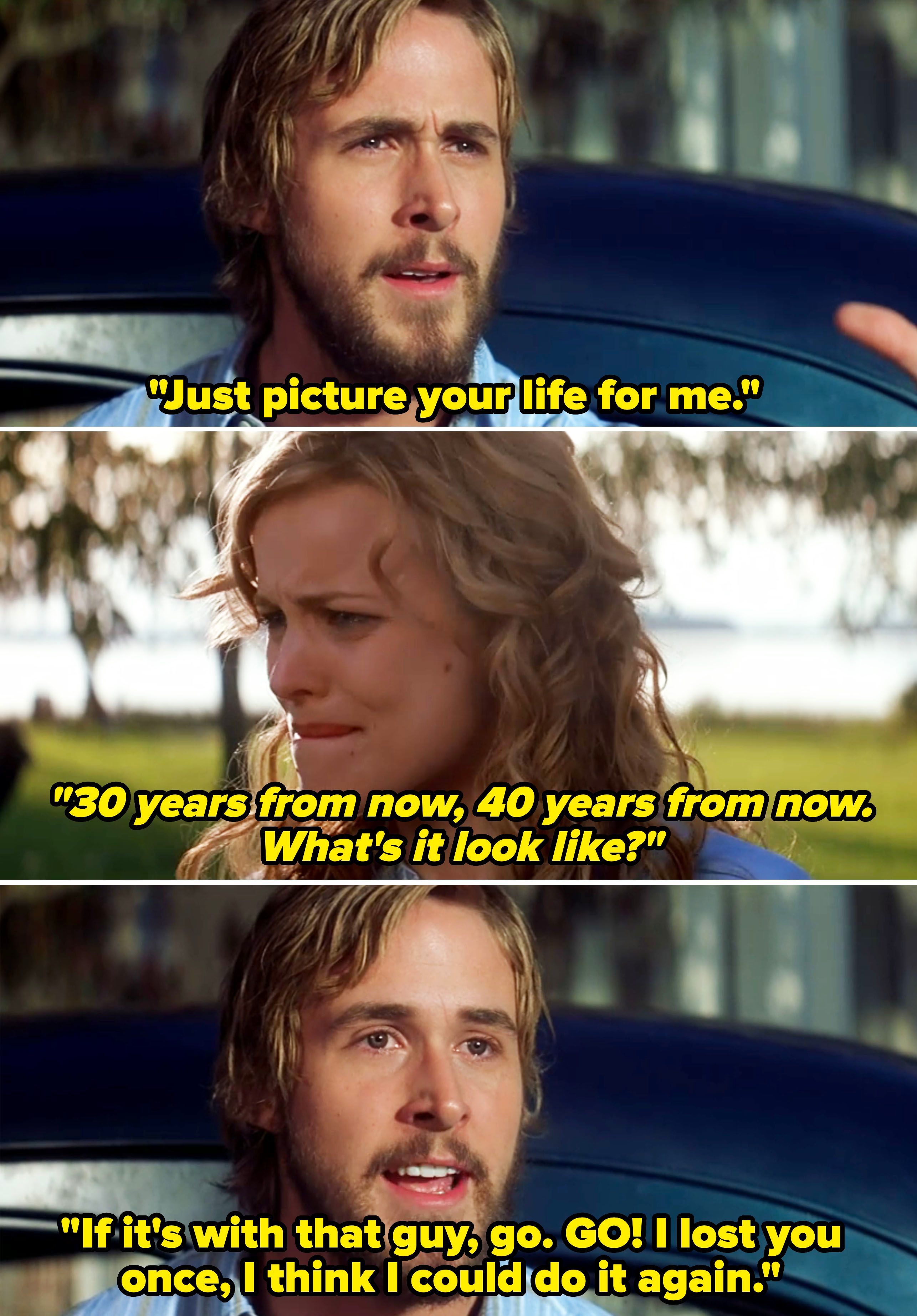 Ryan Gosling and Rachel McAdams in a scene from &quot;The Notebook,&quot; with both displaying emotional expressions