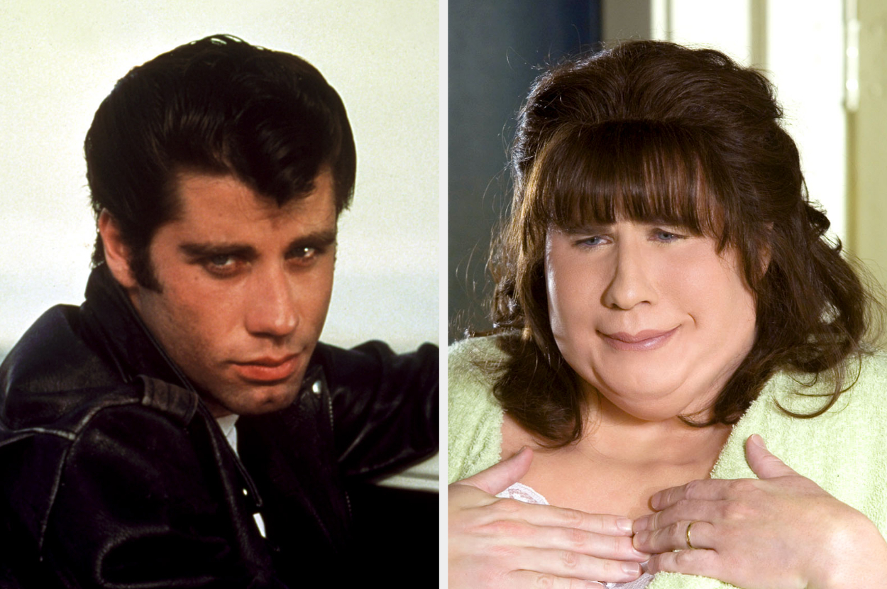 John Travolta on the left as Danny Zuko from "Grease" in a leather jacket; on the right, as Edna Turnblad from "Hairspray" in a housecoat