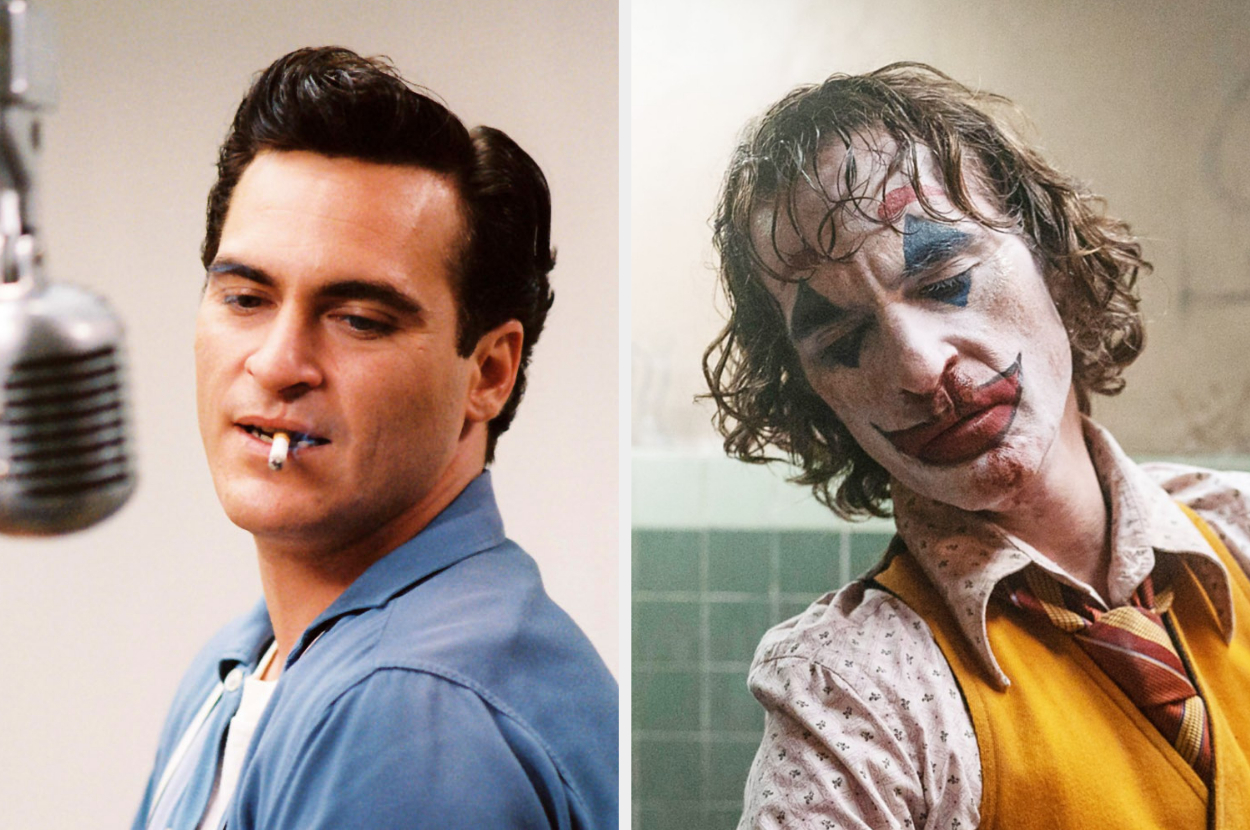 Joaquin Phoenix, left, in a retro setting with a cigarette and a microphone, and Joaquin Phoenix, right, dressed as the Joker with clown makeup in a bathroom