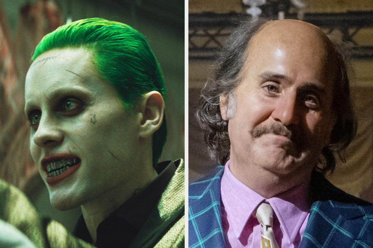 Close-up of Jared Leto as the Joker in makeup and costume, next to Jared Leto in prosthetics as Paolo Gucci wearing a blue checkered suit and pink shirt