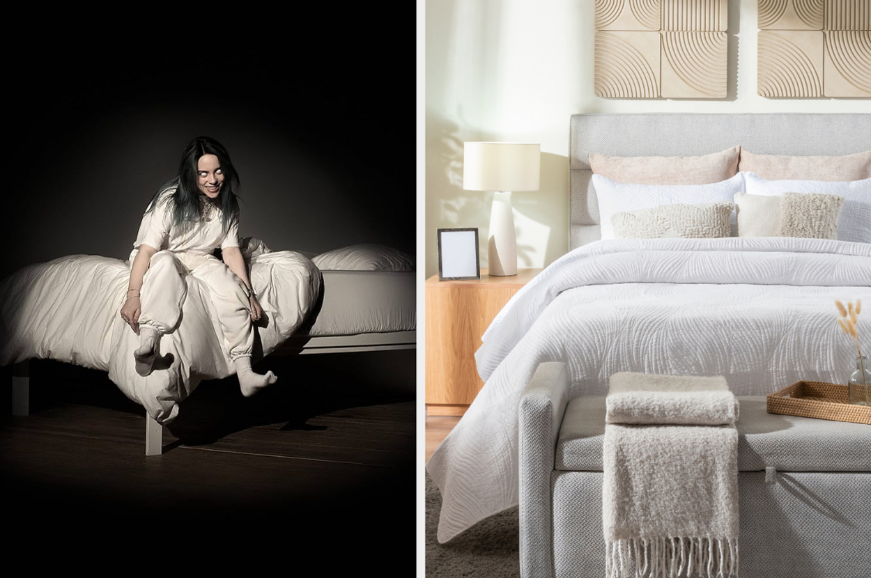 Billie Eilish sits on a bed in a dark room on the left; a bright, neatly made bed with pillows and a throw blanket is on the right