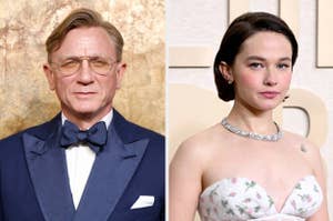 Daniel Craig in a blue suit with a bow tie and Emilia Clarke in a strapless dress with floral patterns pose for photos