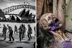 Several zombies approach Sydney Opera House and Harbour Bridge; close-up of a decayed zombie head with mouth open on the right side