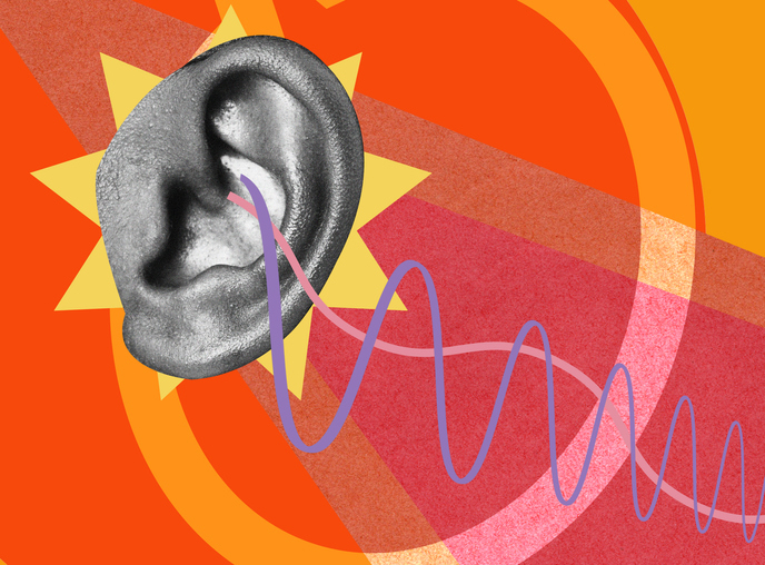 Illustration of an ear with sound waves emerging from it, set against a vibrant abstract background with geometric shapes