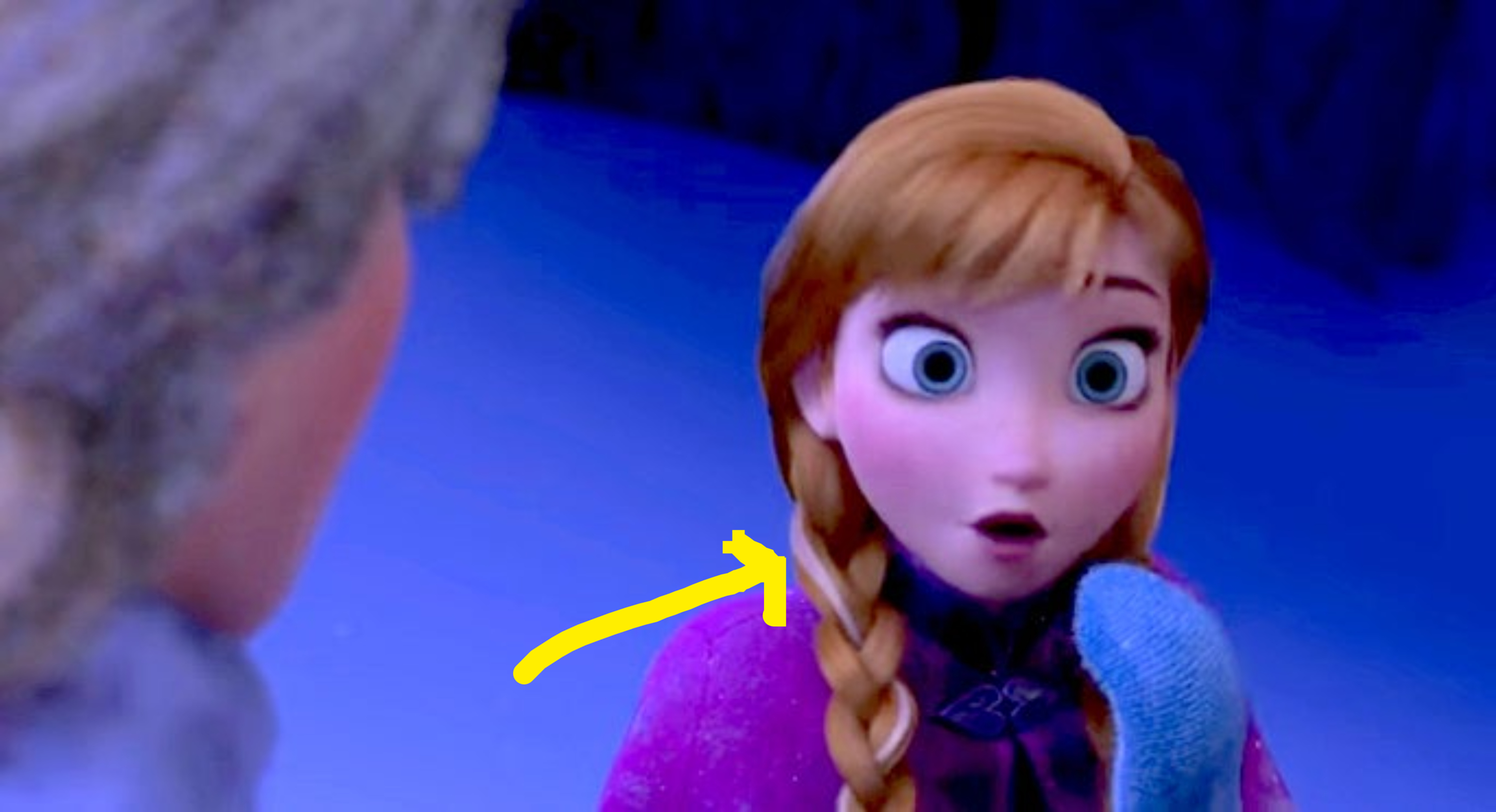 Elsa and Anna from Frozen. Anna appears surprised or shocked while looking at Elsa, who is partially visible in the foreground