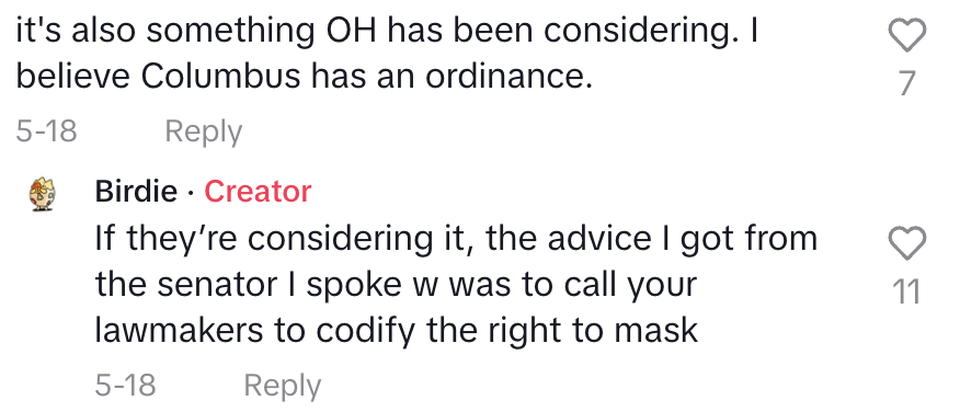 Comments discussing ordinances related to masking; Birdie shares advice to contact lawmakers to codify the right to mask