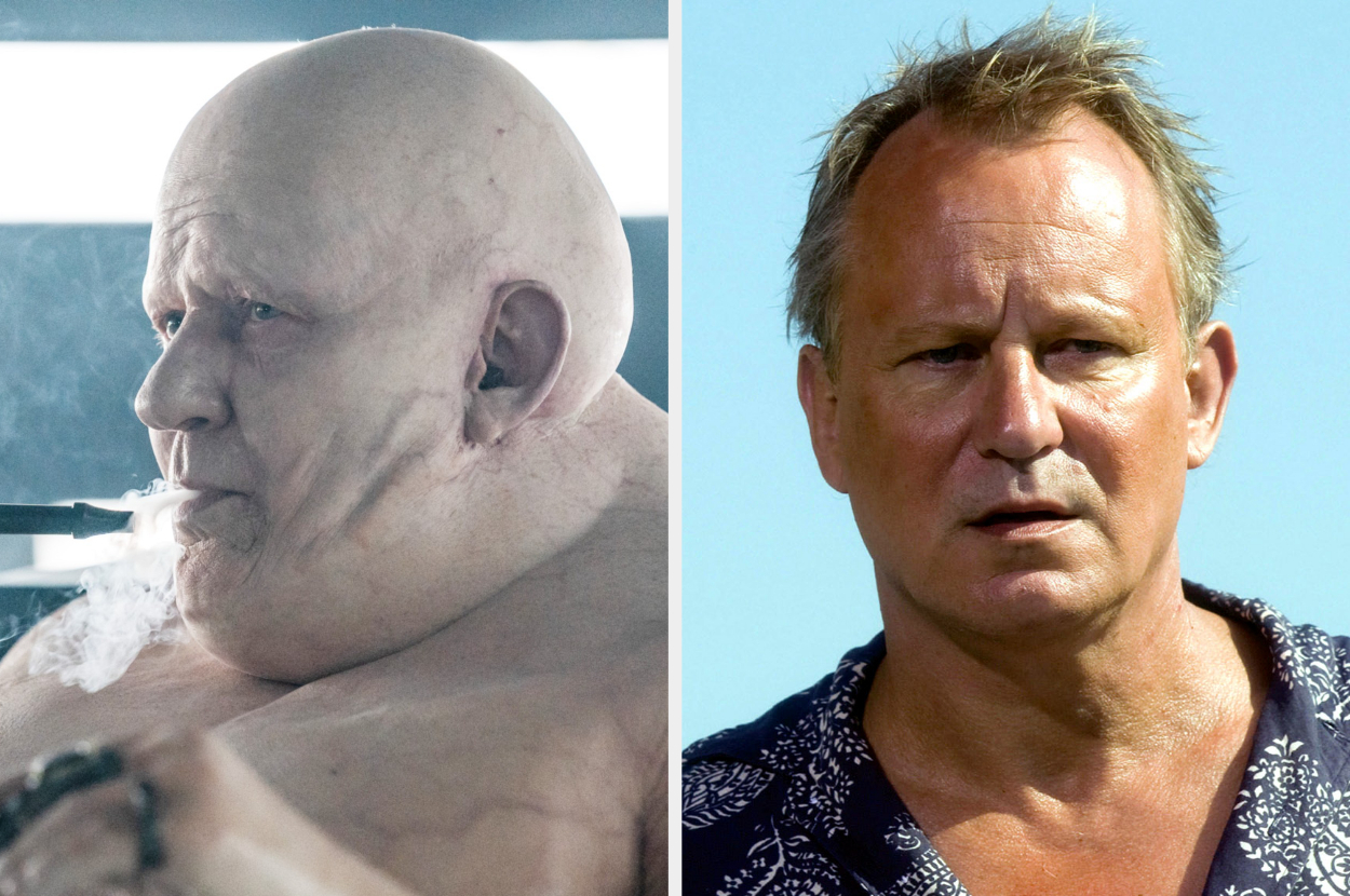 Images show an actor in two roles: as a heavily made-up character, topless with prosthetics, and in a separate image, casually dressed in a patterned shirt