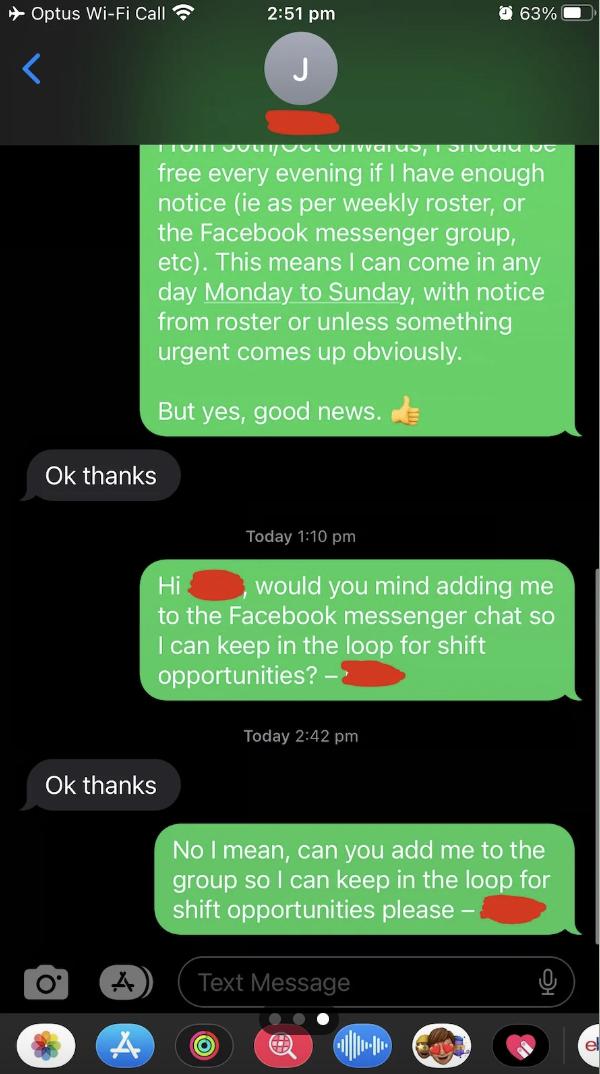 A series of text messages discussing joining a Facebook messenger chat for shift opportunities. The conversations span multiple days with responses of &quot;Ok thanks.&quot;