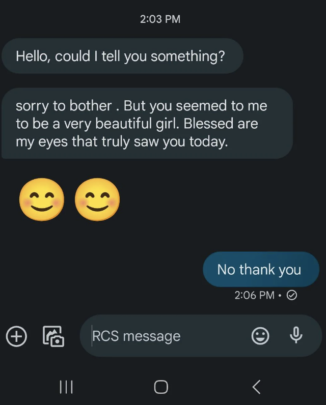 A text conversation with someone praising another as beautiful, followed by the recipient politely declining the message