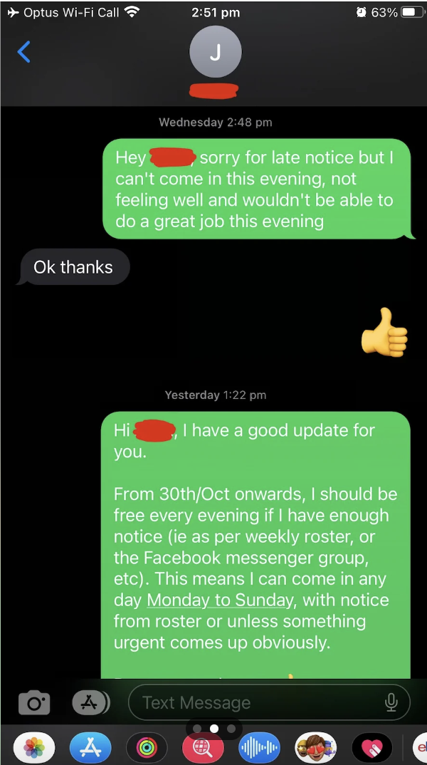 Text conversation on a phone screen, one speaker shares they&#x27;re unwell; later informs they&#x27;re free every evening starting Oct 30 with flexible hours
