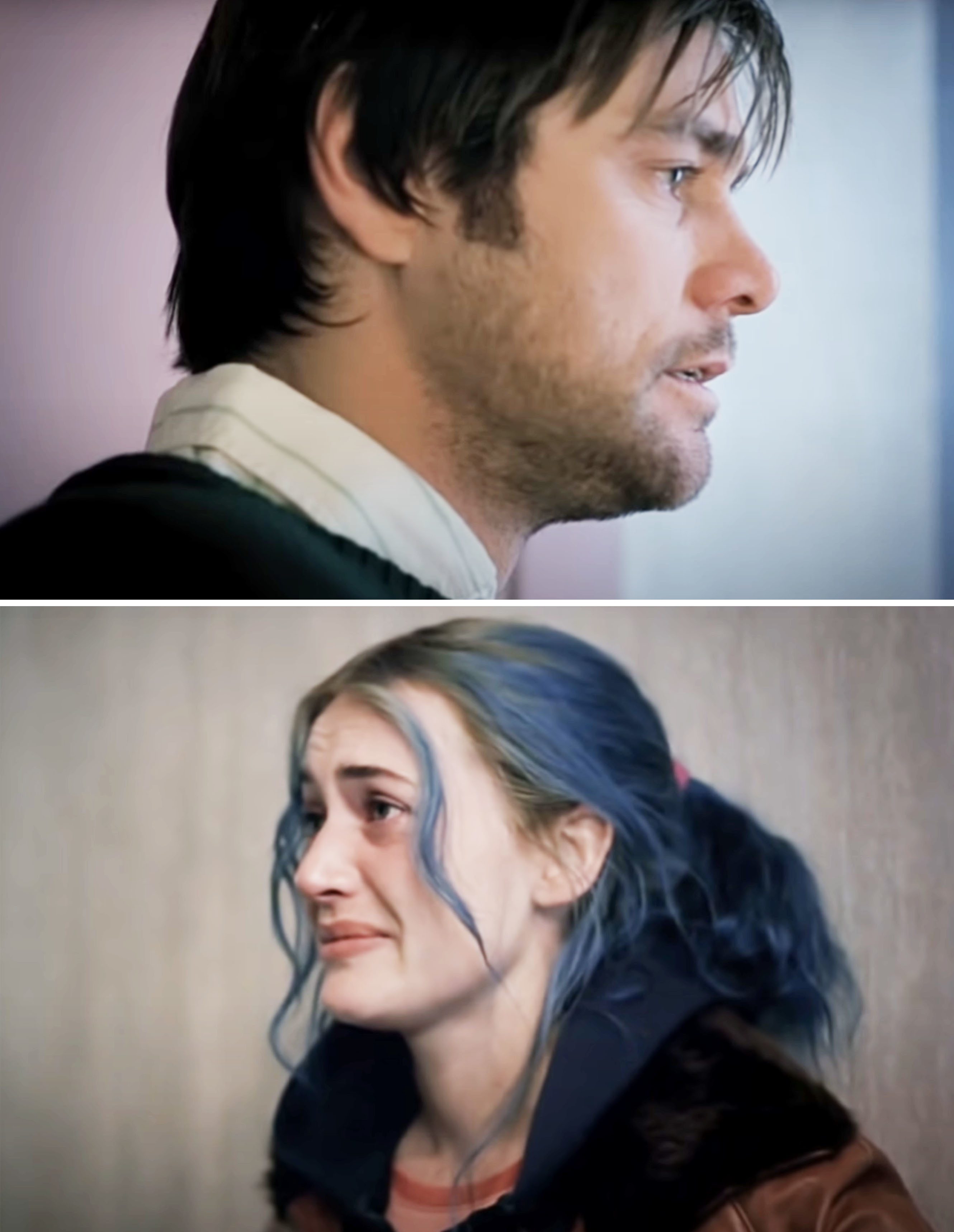 Jim Carrey and Kate Winslet in a scene from the movie &quot;Eternal Sunshine of the Spotless Mind,&quot; both looking distressed