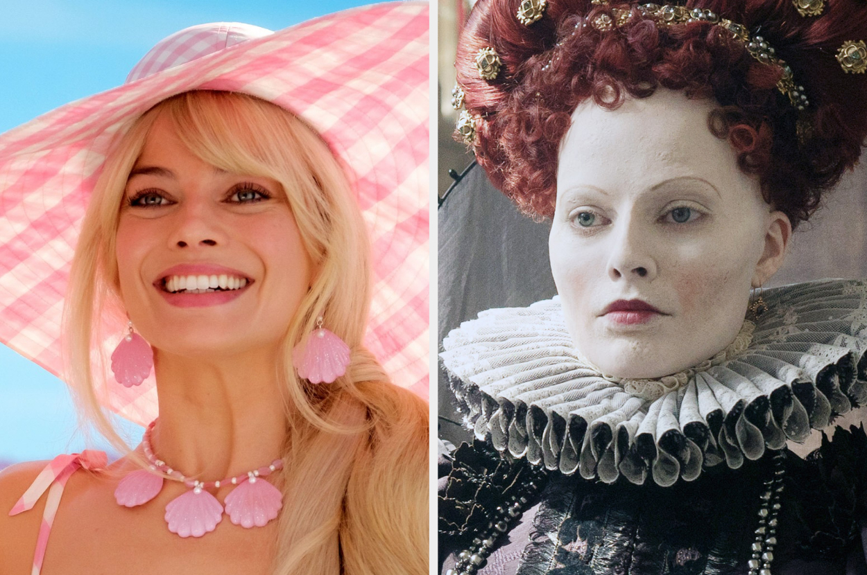 Margot Robbie pictured in two different roles: one smiling in beachy attire with a large hat and jewelry, the other as a historical figure with elaborate costume and ruff collar
